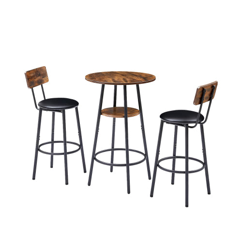 3 Pieces Round Bar Table and Chairs Set, Small Dining Table for 2 with 2-Tier Storage & 2 PU Upholstered Bar Stools for Kitchen, Dining Room, Living Room, Bar, Cafe, Small Space Corner, Rustic Brown