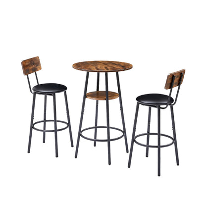 3 Pieces Round Bar Table and Chairs Set, Small Dining Table for 2 with 2-Tier Storage & 2 PU Upholstered Bar Stools for Kitchen, Dining Room, Living Room, Bar, Cafe, Small Space Corner, Rustic Brown