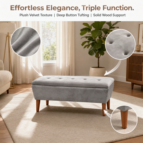 42 inch Linen Ottoman Bench with Solid Wood Tapered Legs