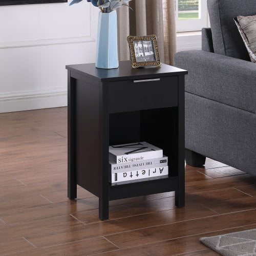 Retro Black 3-Tier Nightstand, Handle-Free Drawer & Open Shelves Bedside Table