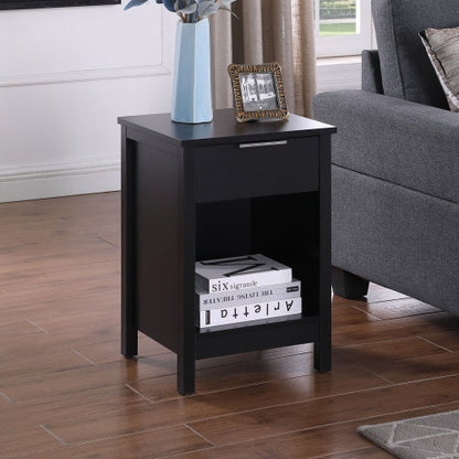 Retro Black 3-Tier Nightstand, Handle-Free Drawer & Open Shelves Bedside Table