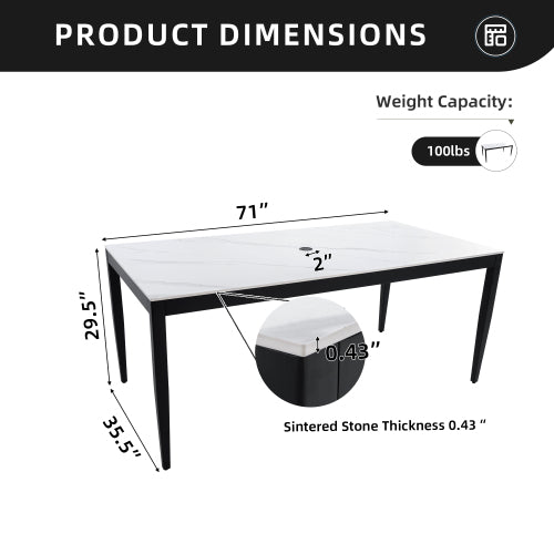 Outdoor Modern Patio 35.5"x71" Aluminum Dining Table, Greek White Marble-Inspired Sintered Stone Top, Ember Black Finish, Post Tapered Legs-Seats Six, Weatherproof & Rust-Free