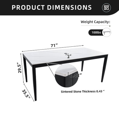 Outdoor Modern Patio 35.5"x71" Aluminum Dining Table, Greek White Marble-Inspired Sintered Stone Top, Ember Black Finish, Post Tapered Legs-Seats Six, Weatherproof & Rust-Free