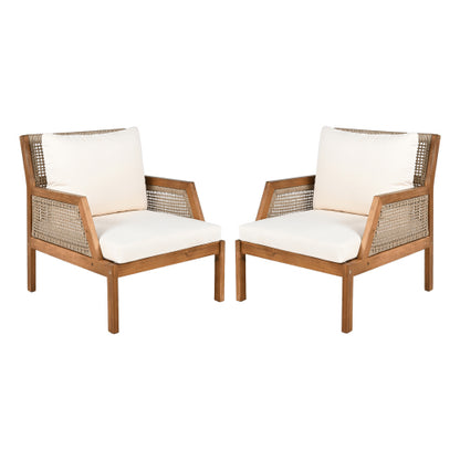 2 Piece Acacia Wood Patio Furniture Club Chair, Set of 2 Outdoor Wicker Armchair, Deep Seating with Soft Cushions for Porch, Garden, Backyard, Balcony, Teak & Mix Brown & Cream