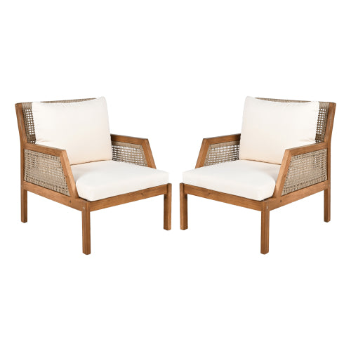 2 Piece Acacia Wood Patio Furniture Club Chair, Set of 2 Outdoor Wicker Armchair, Deep Seating with Soft Cushions for Porch, Garden, Backyard, Balcony, Teak & Mix Brown & Cream