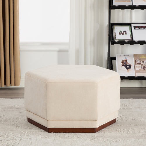 Modern Hexagon Chenille Ottoman, Beige Upholstered Footrest with Solid Wood Base, Fully Assembled Accent Stool