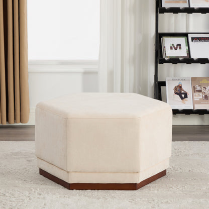 Modern Hexagon Chenille Ottoman, Beige Upholstered Footrest with Solid Wood Base, Fully Assembled Accent Stool