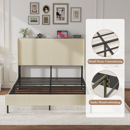 Queen Size Platform Bed , Metal Bed Frame with Charging Station, No Box Spring Needed, (Beige), Noise Free,Easy Assemble.
