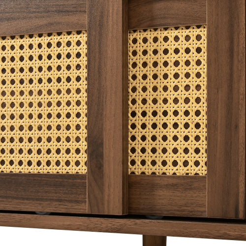 76.7 inch Natural Wood PE Rattan TV Stand Rubber Wood Leg Media Console Fits Up To 85 inch TV