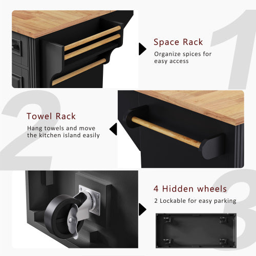 54 Inch Rolling Kitchen Island with Drop Leaf Drawers & Wheels Black