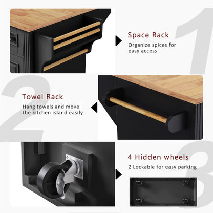 54 Inch Rolling Kitchen Island with Drop Leaf Drawers & Wheels Black