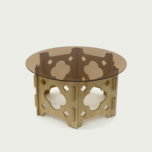 31.1inch  Round Tempered Glass Coffee Table, Floral Hollow Wood Base, Cat Nest Design