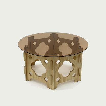 31.1inch  Round Tempered Glass Coffee Table, Floral Hollow Wood Base, Cat Nest Design