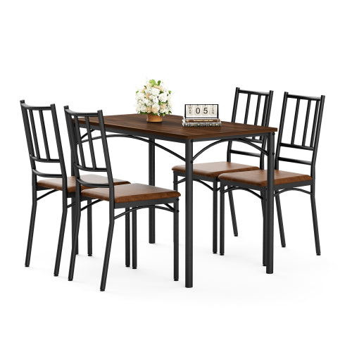 4-Piece Walnut Industrial Dining Set, Table & 4 PU Benches