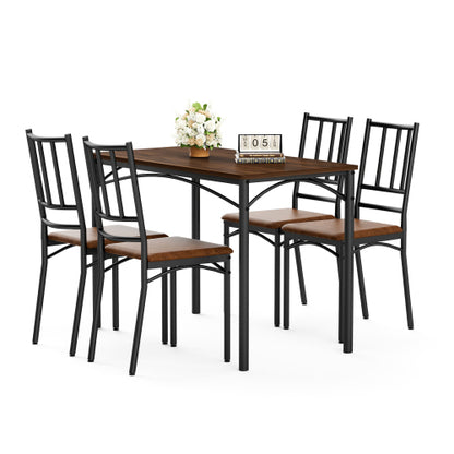 4-Piece Walnut Industrial Dining Set, Table & 4 PU Benches