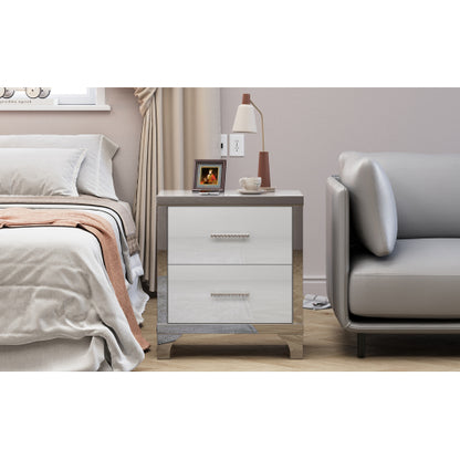 High Gloss Mirrored Nightstand with 2 Drawers,Modern End Table with Drawers,Mirrored High Gloss Wood Nightstand Metal Handle Bedside End Table for Bedroom, Dorm,Living Room,White