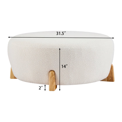 Round Boucle Ottoman, White Upholstered Footrest with Splayed Solid Rubber Wood Legs, Multifunctional Accent Stool