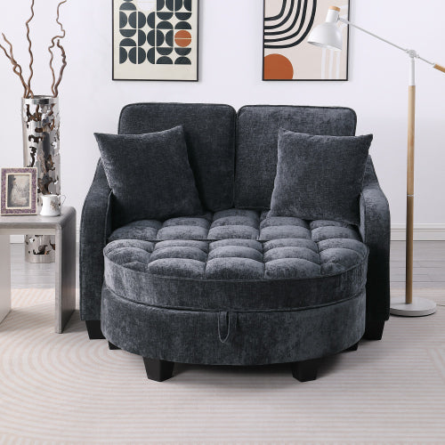 Black 2-Seater Irregular Curved Sofa Chaise, Storage Footrest,2 Throw Pillows