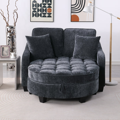 Black 2-Seater Irregular Curved Sofa Chaise, Storage Footrest,2 Throw Pillows