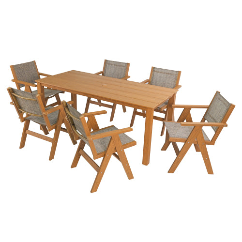 A wooden-textured imitation wood dining table, simple yet with a high quality feel. It has a small tabletop and is perfect for outdoor picnics. It is made of teak wood, measuring 68.9 inches.