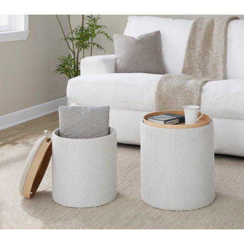 Cream Fabric Nesting Ottoman Set with Natural Wood, 2-Piece Stackable Stools, 250 LBS Limit, Fully Assembled