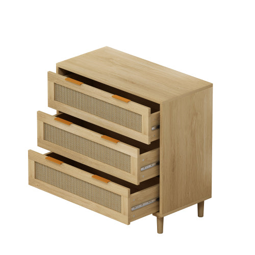 Oak Color 3-Drawer Rattan Storage Cabinet Set of 2 MDF Household Drawer Chest With Iron Handles