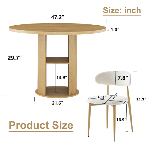 3-Piece Natural Wood Grain Dining Set, 47.2inch  Round Table with Double Shelves & 2 Velvet Chairs