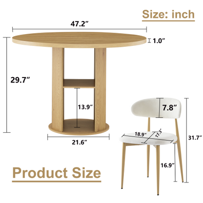 3-Piece Natural Wood Grain Dining Set, 47.2inch  Round Table with Double Shelves & 2 Velvet Chairs