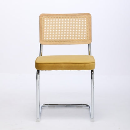 Set of 2 Golden Cane Back Cantilever Dining Chairs, Velvet Upholstered Chrome Double Steel Pipe Base 360 LBS Capacity