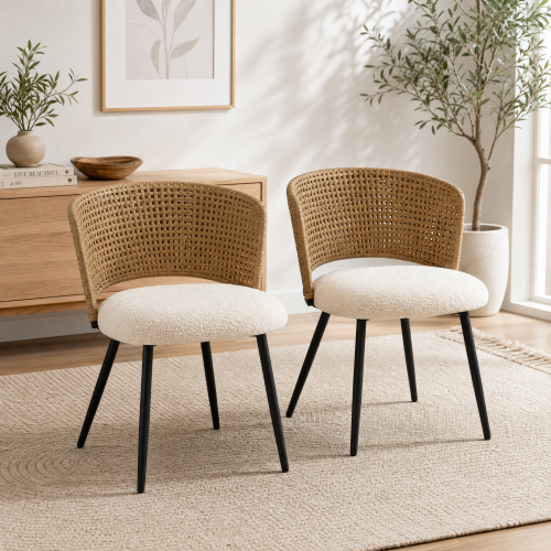 PE Rattan Dining Chairs with Teddy Cushions and Metal Legs, Set of 2, Beige/Brown
