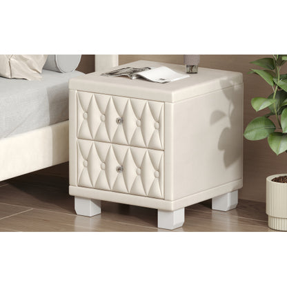 Elegant Velvet Nightstand with 2 Drawers and Crystal Handle, Storage Bedside Table with Button-Tufted, Beige