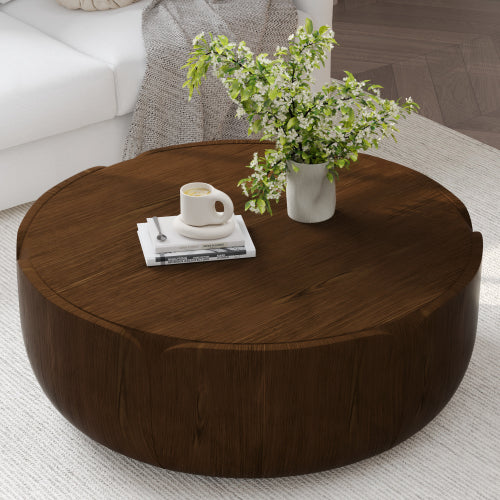 35.63" Round Outdoor Indoor Coffee Table, Modern Wood Grain Drum Center Table, Sturdy MGO (Magnesium Oxide) Waterproof, No-Assembly Table for Patio, Garden, Backyard, Living Room (Brown)