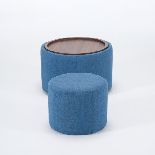 Blue 2-Piece Linen Nesting Storage Ottoman Set, Round Foot Stool with Wood Tray, Fully Assembled 396 LBS