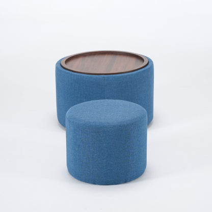 Blue 2-Piece Linen Nesting Storage Ottoman Set, Round Foot Stool with Wood Tray, Fully Assembled 396 LBS