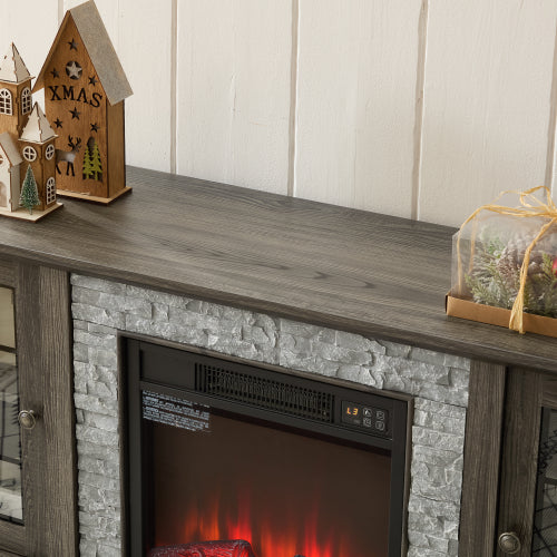 58 Inch Grey Faux Stone Electric Fireplace Media Console 18 inch Heater TV Stand for 65 Inch TV