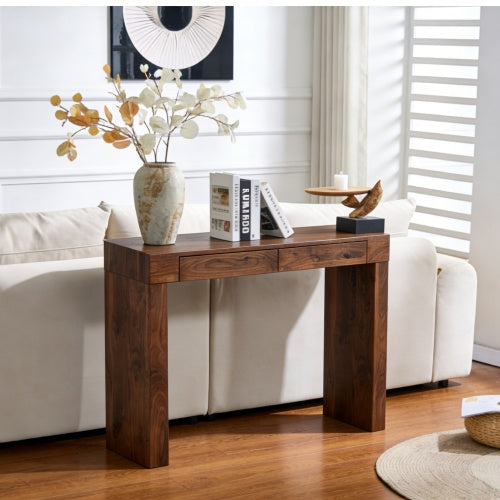 Elegant natural walnut wood grain bar table -50 inches long, a practical choice for modern home decor. Walnut wood grain texture veneer, equipped with double drawers, can be used as both a bar counter