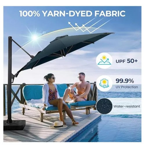 11 Ft Blue Round Large Cantilever Patio Umbrella with 360° Rotation & Tit Adjustment and Heavy Duty Offset Polyester Canopy Deck Umbrella.