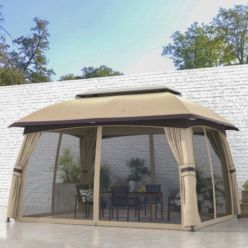 Outsunny 10' x 13' Patio Gazebo, Outdoor Gazebo Canopy Shelter with Netting, Vented Roof, Steel Frame for Garden, Lawn, Backyard, and Deck, Beige