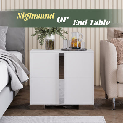 Modern End Table with Drawers, Elegant Nightstand with Metal Foot,Wood Bedside Table with Mirrored Metal Handles,Sofa Side End Table for Bedroom Living Room Office,White