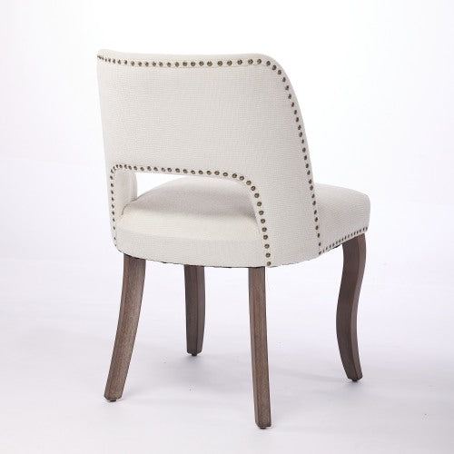 Set of 2 Beige Hollow Curved Enveloping Back Fabric Dining Chairs, Handmade Copper Nail Curved Solid Wood Legs