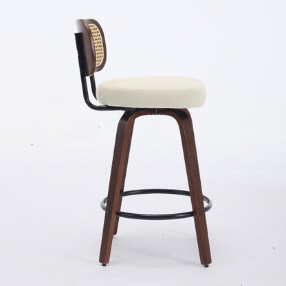 Set of 2 Counter Height Bar Stools - 26 inch Rattan Counter Height Stools with Cane Back, Upholstered Seat, Walnut Craftsmanship, Swivel Counter Stools for Island/Kitchen/Counter/Bar (Walnut /Beige)