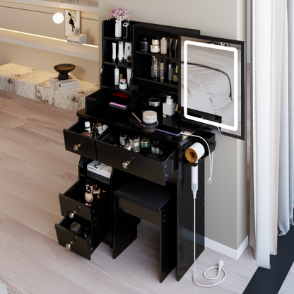 29.2" Small Size Drawer Desktop Vanity Table + Cushioned Stool, 2 AC+2 USB Power Station, Hair dryer bracket, Extra Large Touch Control Sliding LED Mirror, 3-color Switching, EPA, GCC, UL Certificate