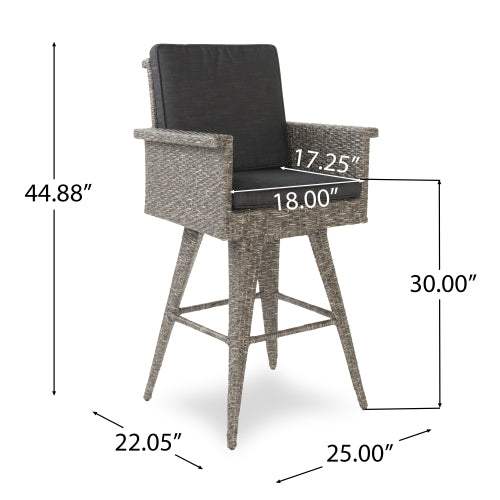 30" Outdoor Wicker Swivel Barstool with Water Resistant Cushion, Mixed Black and Dark Grey