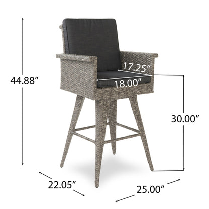 30" Outdoor Wicker Swivel Barstool with Water Resistant Cushion, Mixed Black and Dark Grey