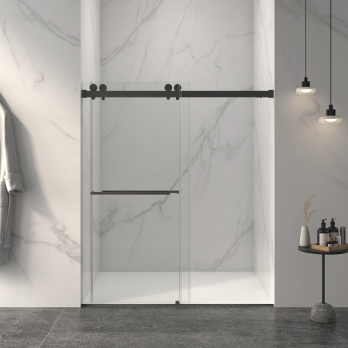 56-60"W x 70"H Frameless Double Sliding Shower Door,5/16" (8mm) Thick SGCC Tempered Clear Glass,Double Side Easy Clean Coat, Matte Black Finished With Buffer