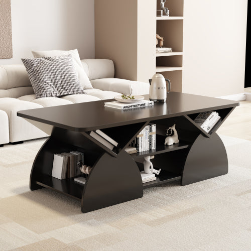 Modern Rectangular Coffee Table with Storage Shelves Engineered Wood Black