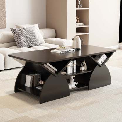 Modern Rectangular Coffee Table with Storage Shelves Engineered Wood Black