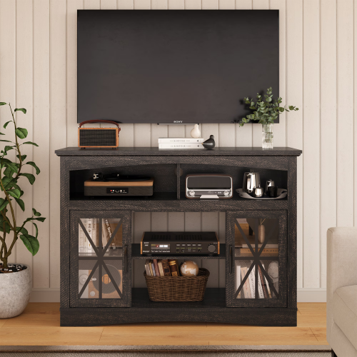47 Inch Brown Farmhouse Retro TV Stand with Tempered Glass Doors, LED Lights & Adjustable Shelves