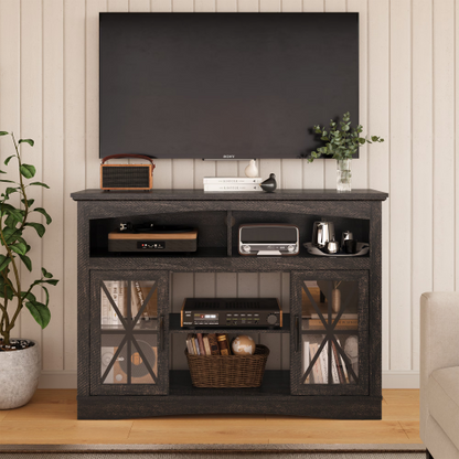47 Inch Brown Farmhouse Retro TV Stand with Tempered Glass Doors, LED Lights & Adjustable Shelves