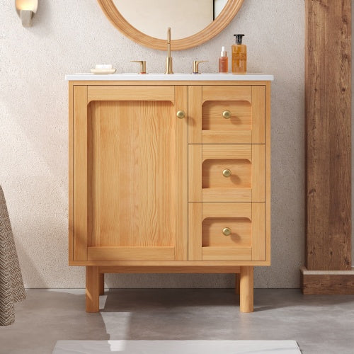 30 Inch Bathroom Vanity with Ceramic Sink, Bathroom Vanity with 3 Drawers, 1 large Soft Closing Door, Farmhouse Bathroom Storage Cabinet , Ideal for Home